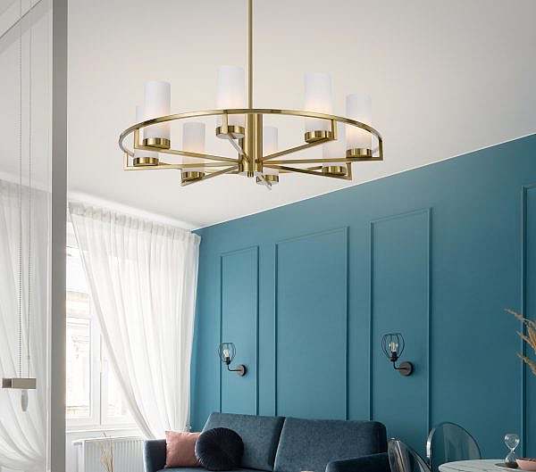 Elegant living room with teal blue wall with molding and bedroom behind white and glass wall with big baseboard Too High or Too Low? The "Golden Rule" For Hanging Pendant Lighting in Every Room